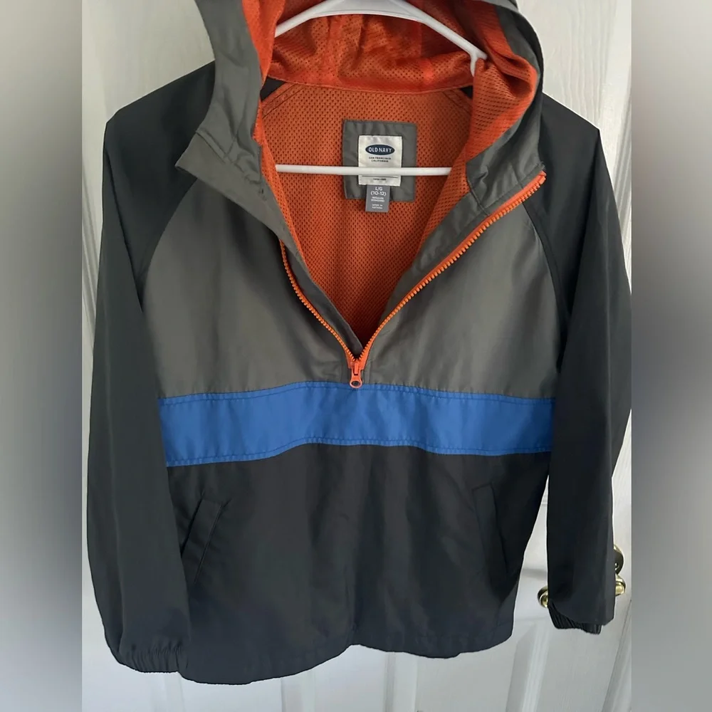 ✨2/$28✨ Old Navy Gray, Orange & Blue Striped Windbreaker Jacket•L
